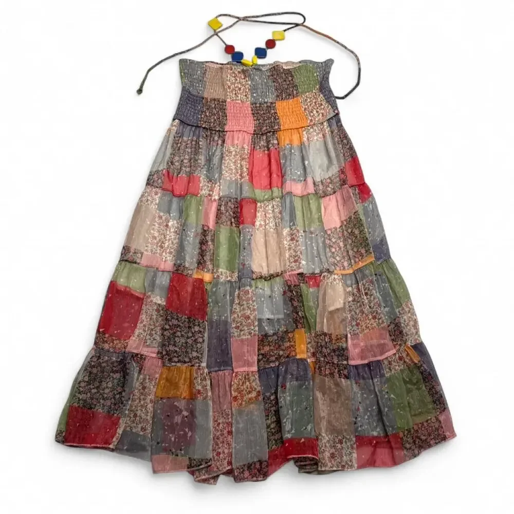 Patchwork Halter Neck midi dress floral and solid fabric panels in colors size M - Picture 5 of 6